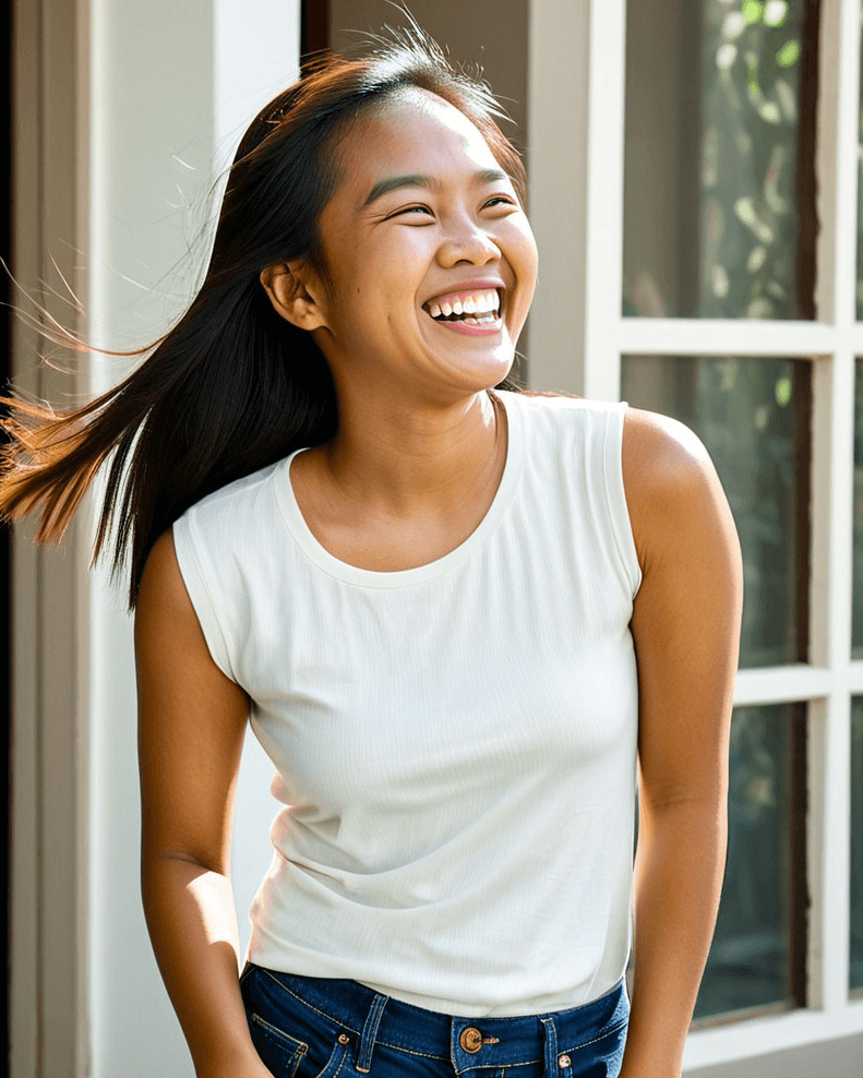 Filipina woman laughing outdoors