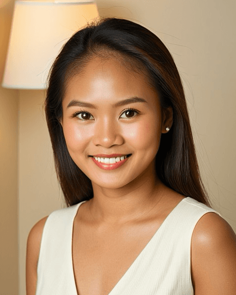 Filipina woman in a close portrait with a soft lamp background