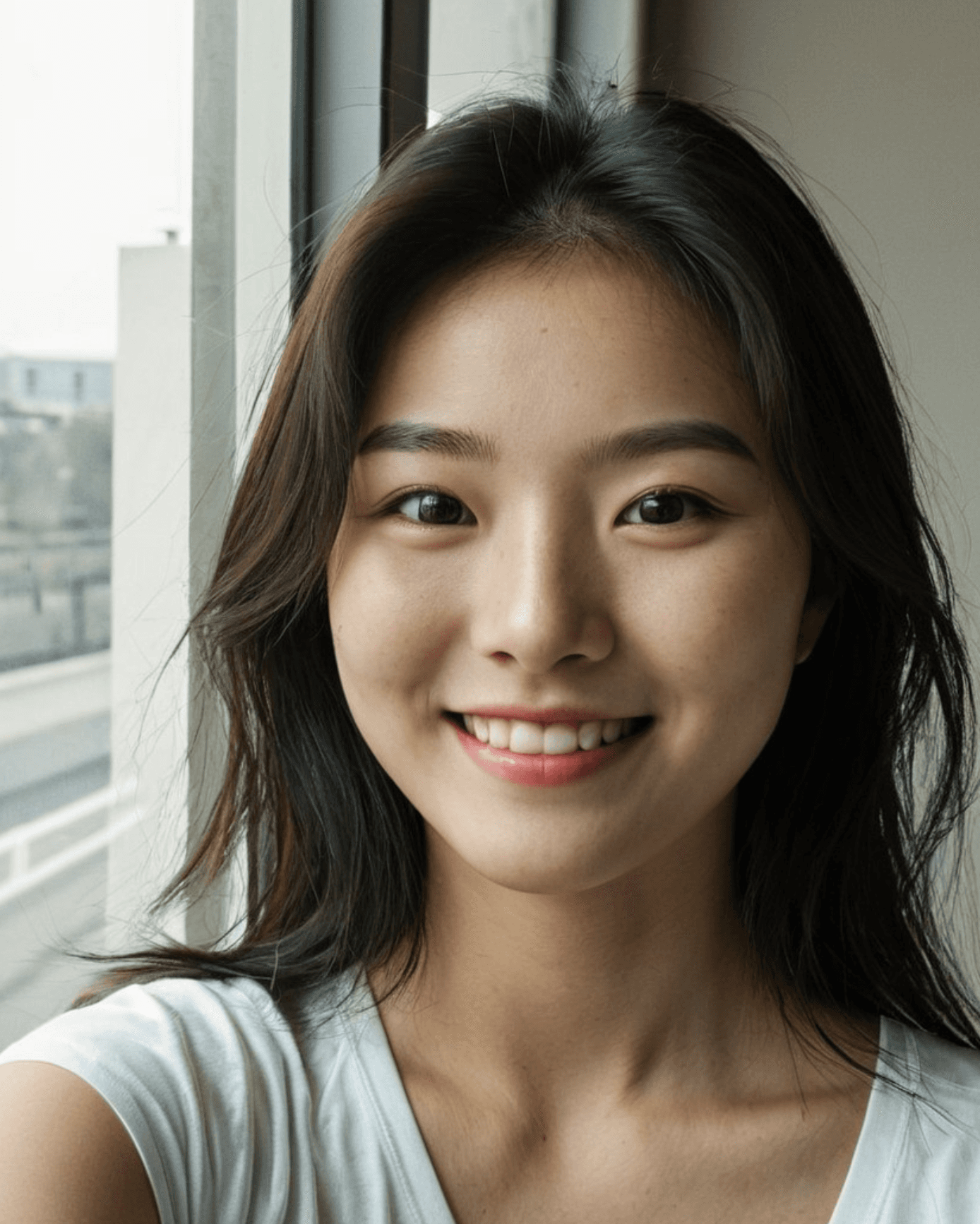 Korean woman taking a natural selfie near a window with a relaxed smile