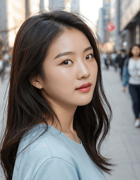 Korean woman in a candid over-shoulder street portrait with a modern city vibe