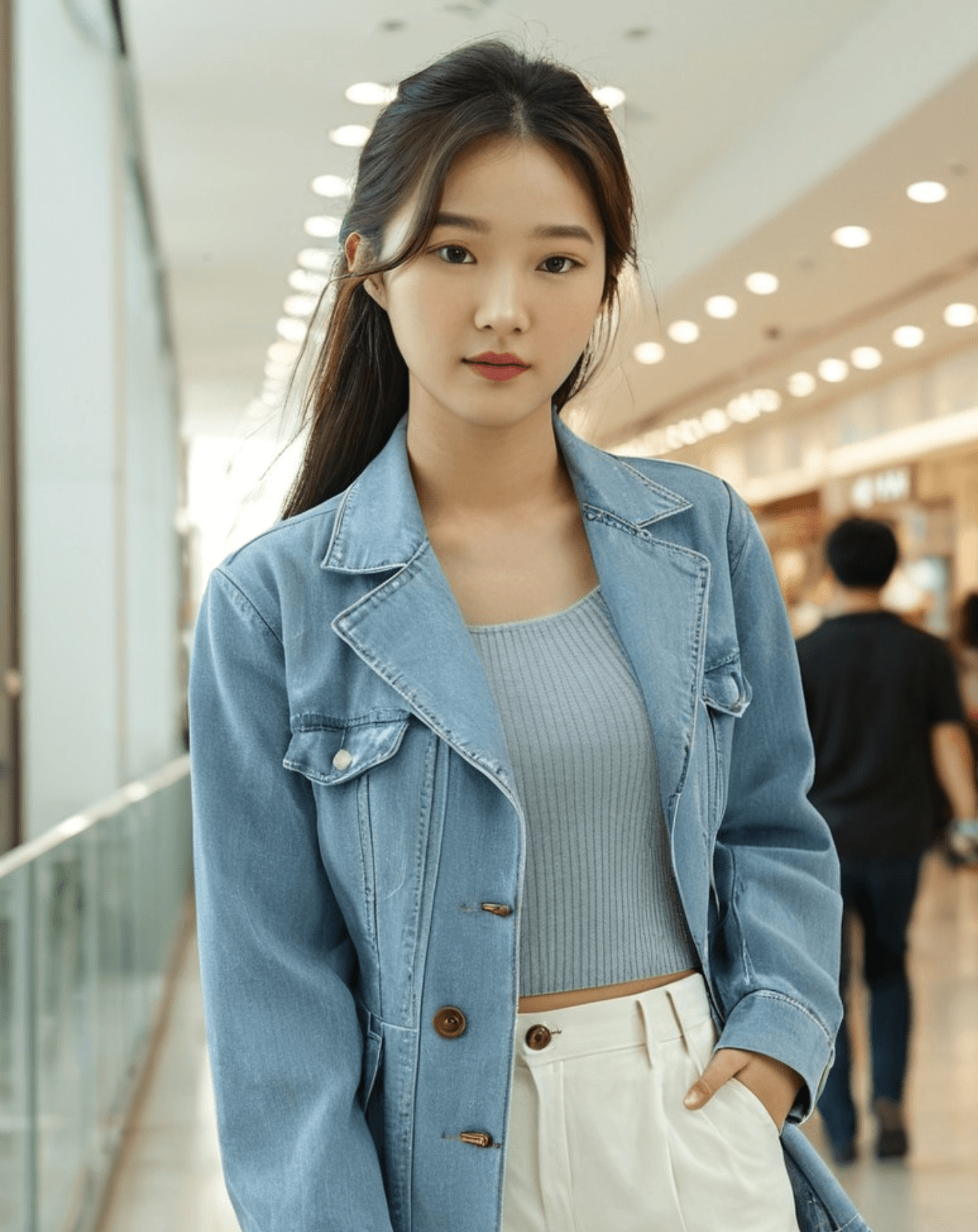 Korean woman walking through a city street in a candid modern lifestyle moment