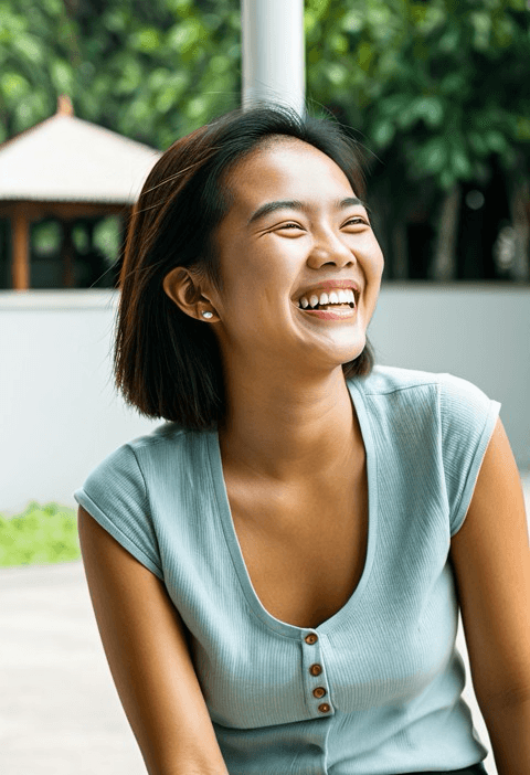 Thai woman laughing outdoors in a close portrait