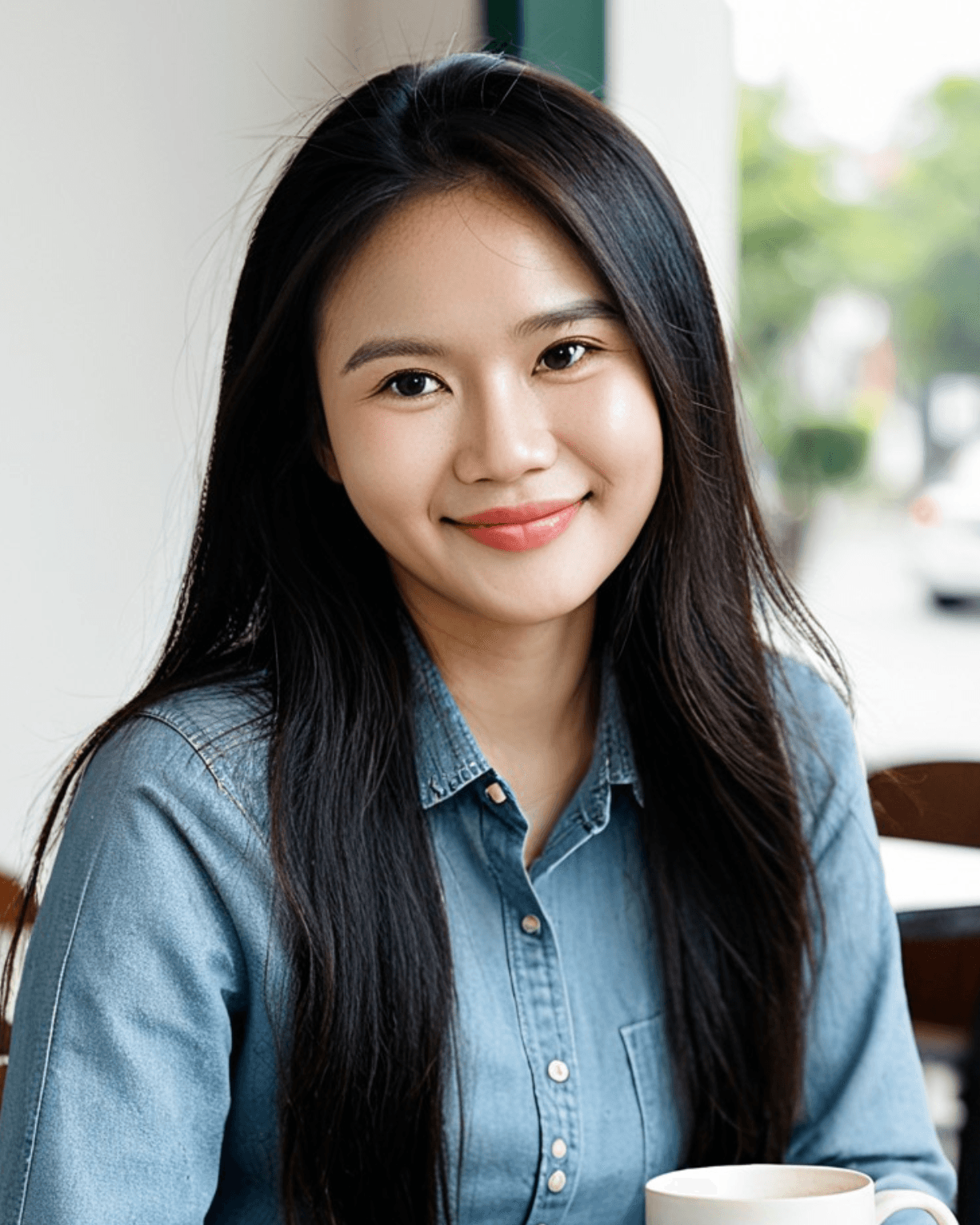 Vietnamese woman seated in a calm cafe holding a cup