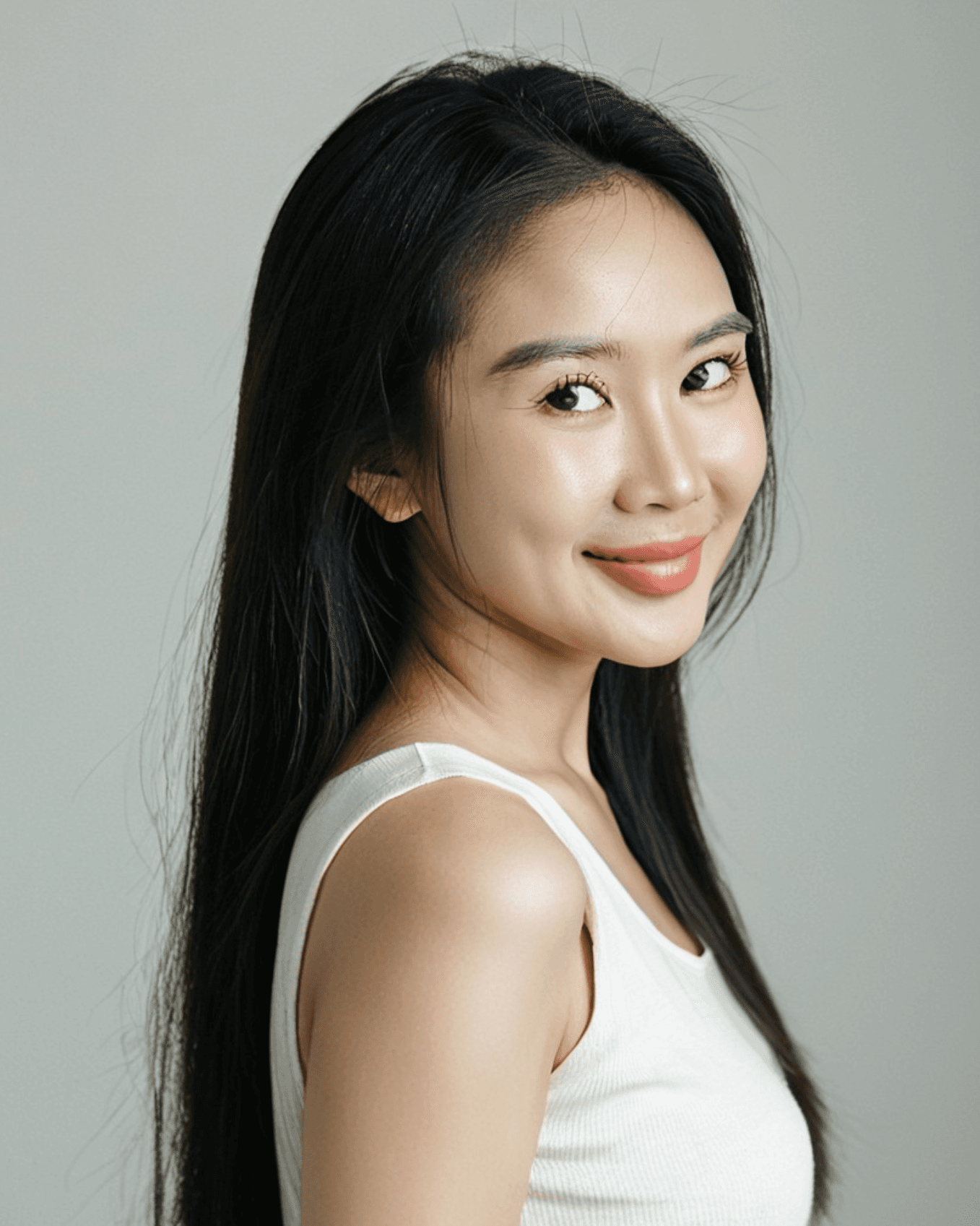 Vietnamese woman in a blue dress looking back down a quiet road